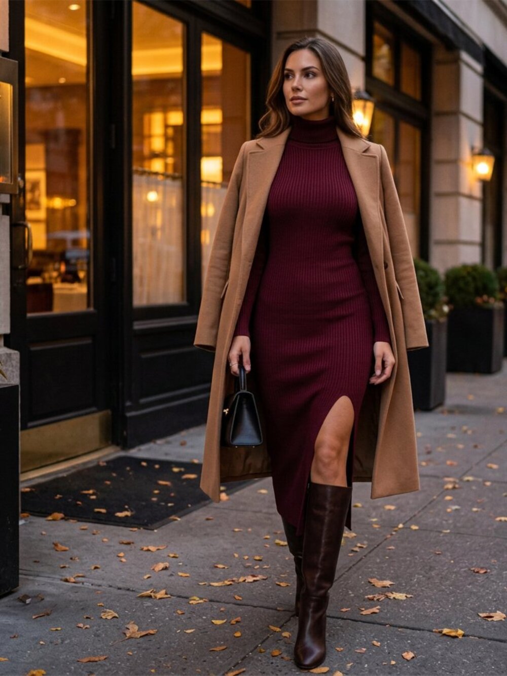 Open Edit Ribbed Turtleneck Sweater Dress Burgundy XS Bodycon Midi